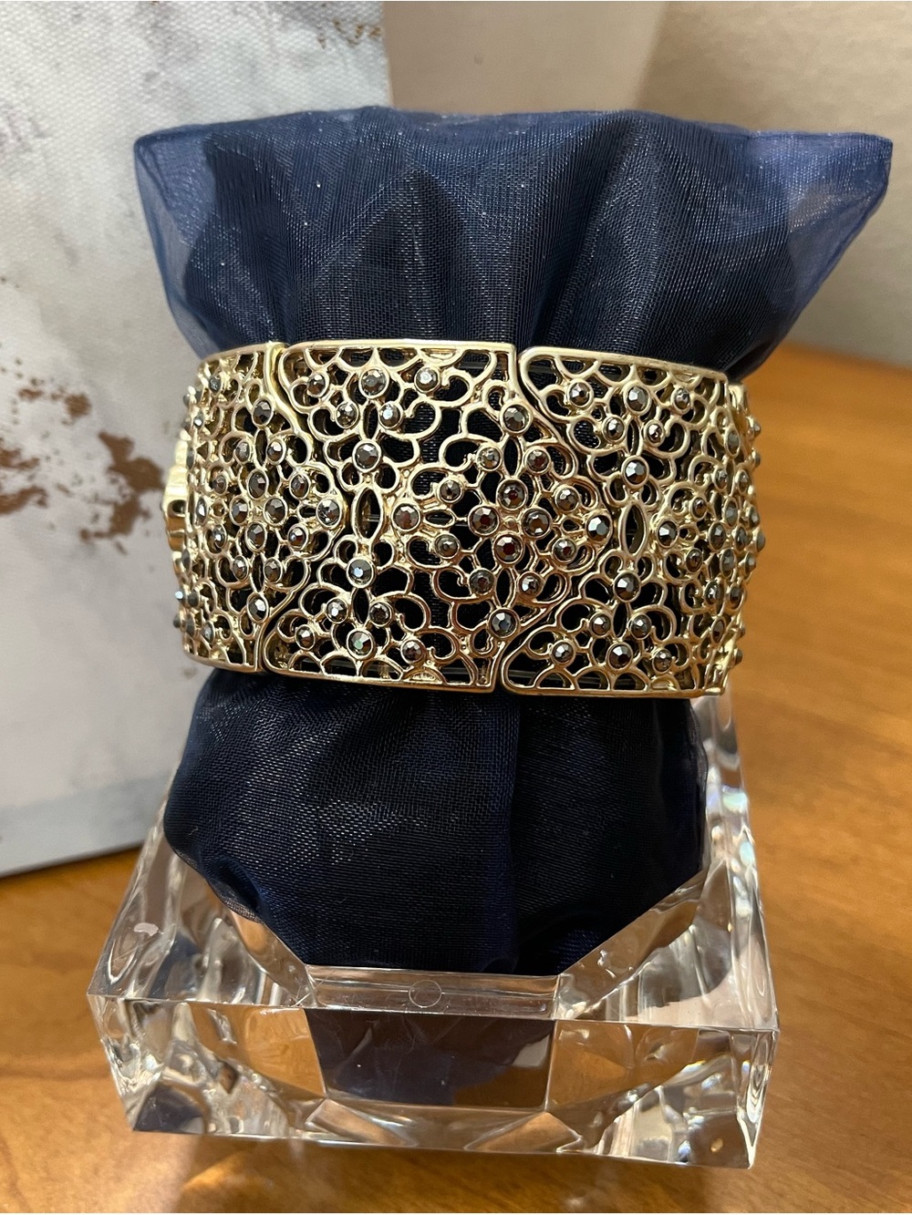 White House Black Market Gold Filigree Wide Cuff Bracelet, Black Stone Accents